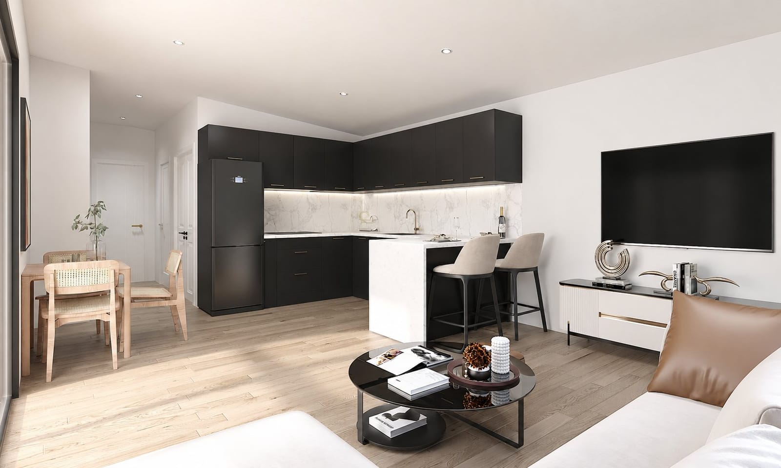 Open-plan kitchen and living at Mahia Five